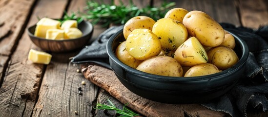 Naklejka na ściany i meble Boiled hot potatoes with steaming in a black bowl and butter served on wooden table ready to eat. with copy space image. Place for adding text or design