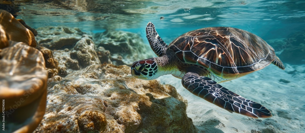 Aufkleber Green Sea Turtle Chelonia mydas Underwater. with copy space image. Place for adding text or design