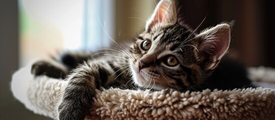 A young cat lying on modern cat climbing wallscapes. with copy space image. Place for adding text or design