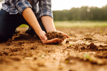 Close-up of a farmer's strong hands on a black field. The male hands of an agronomist sort through and check the quality of the soil. Concept of gardening, ecology. - obrazy, fototapety, plakaty