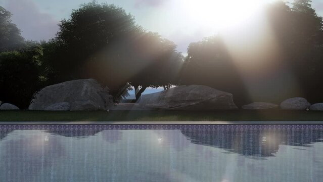 Sunset over pool. HQ QHD resolution seamless loop 3d animation. Beautiful pool in a private yard surrounded by vegetation.
