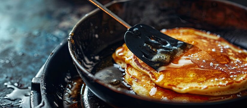 A pancake being flipped by a black spatula in a frying pan Close up. with copy space image. Place for adding text or design
