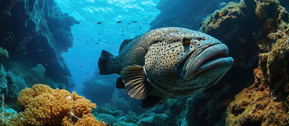 Poster Coral reef in South Pacific with large grouper. with copy space image. Place for adding text or design