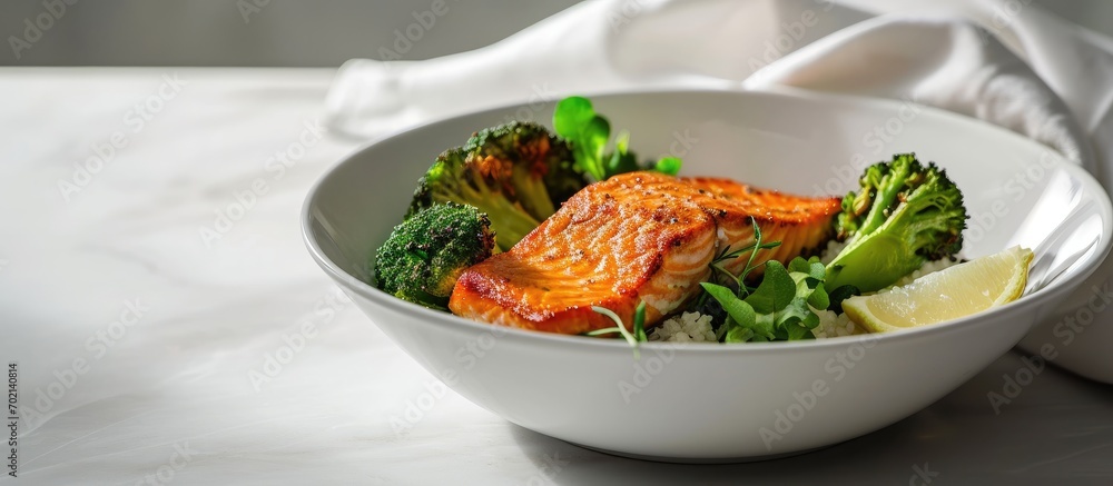 Aufkleber close up of broiled salmon chunks with steamed broccoli florets in white bowl on white wood table landscape view. with copy space image. Place for adding text or design