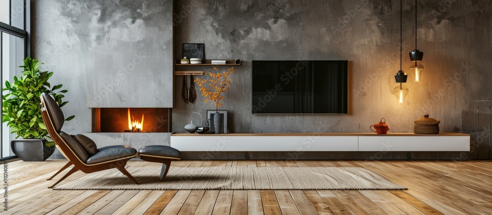 Poster contemporary open living room with fireplace armchair and television hanging on the wall. with copy 