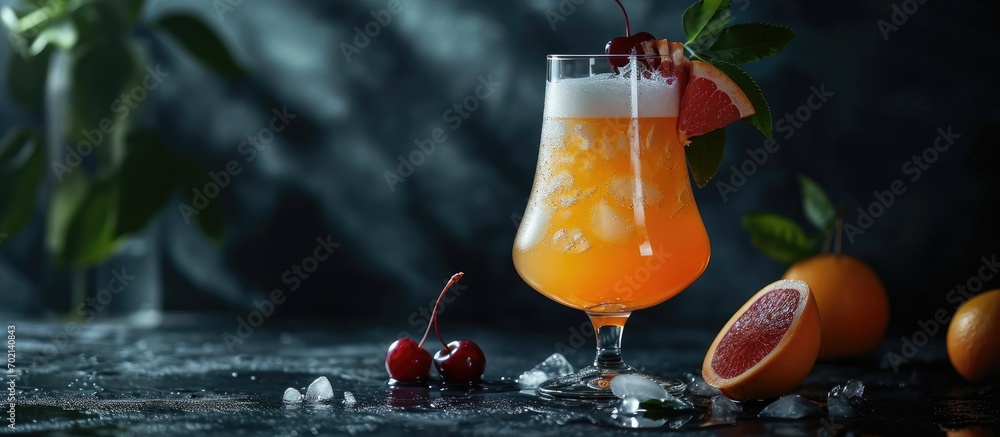 Aufkleber grapefruit or cherry radler citrus beer cocktail refreshing fruit beer drink on black table copy spa
