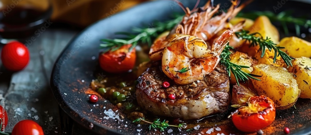 Aufkleber Delicious Steak Oscar with jumbo prawns served with roasted potatoes. with copy space image. Place for adding text or design