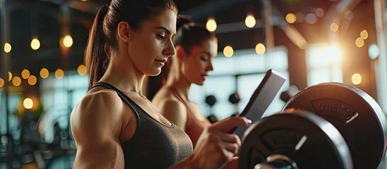 Foto op Canvas A female personal trainer is tracking progress on tablet while sportswoman is lifting weights in a gym. with copy space image. Place for adding text or design © vxnaghiyev
