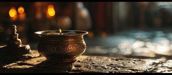Baptismal font in the Orthodox Church A special ritual construction A metal bowl filled with holy water. with copy space image. Place for adding text or design