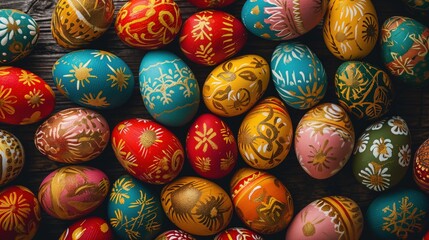 Fototapeta na wymiar Top view background of ornamental decorated easter eggs