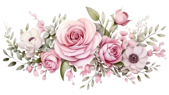 A watercolor illustration of a floral arrangement with peach roses, green leaves, and small pink flowers