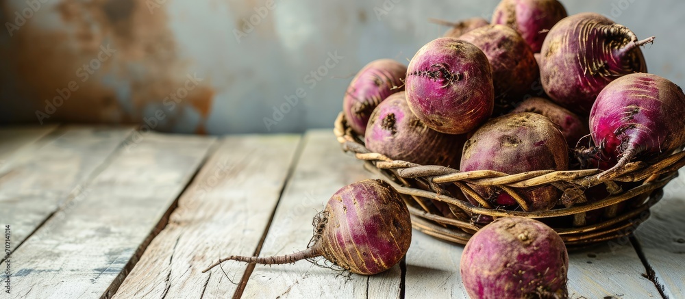 Poster basket with fresh sugar beets on white wooden table closeup. with copy space image. place for adding