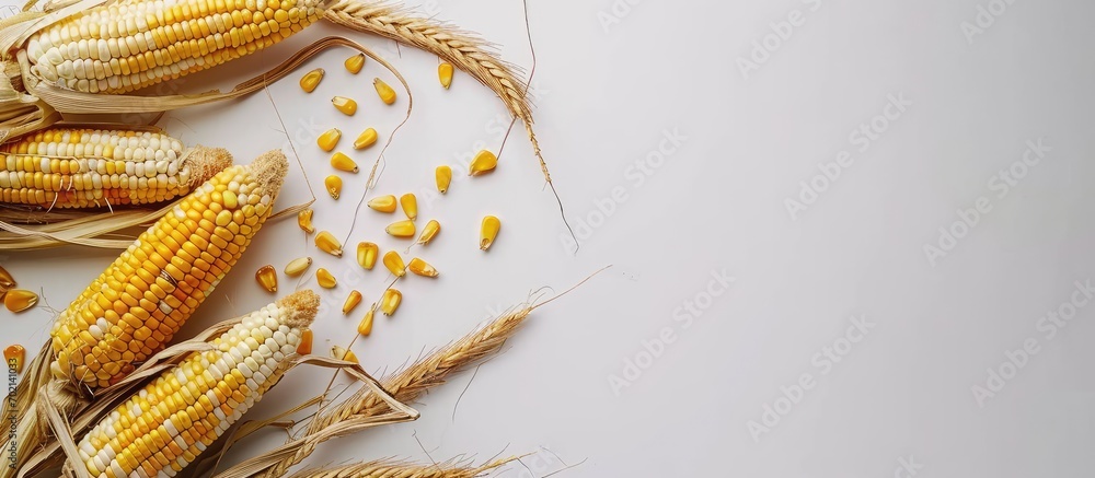 Poster corn for popcorn on a white background dried corn background top view. with copy space image. place 