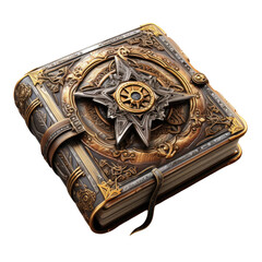 A detailed, blue and gold ornamental book with a star emblem and intricate designs, fastened with bronze clasps. - obrazy, fototapety, plakaty
