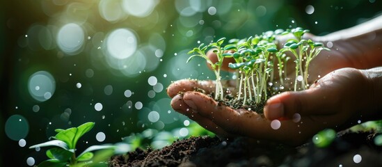 Agricultural technologies for growing plants and scientific research in the field of biology and chemistry of nature Living green sprout in the hands of a farmer Organic digital background - Powered by Adobe