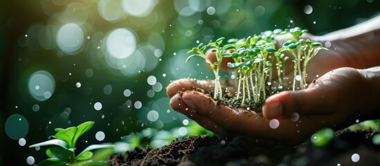 Agricultural technologies for growing plants and scientific research in the field of biology and chemistry of nature Living green sprout in the hands of a farmer Organic digital background - obrazy, fototapety, plakaty