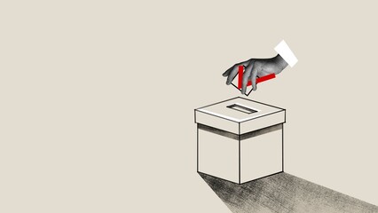 Human hand putting red check mark into ballot box. Contemporary art collage. Concept of voting day,...
