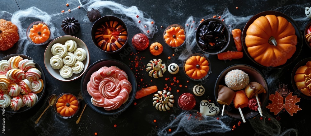 Aufkleber Halloween sweets for Halloween party on black background top view copy space. with copy space image. Place for adding text or design