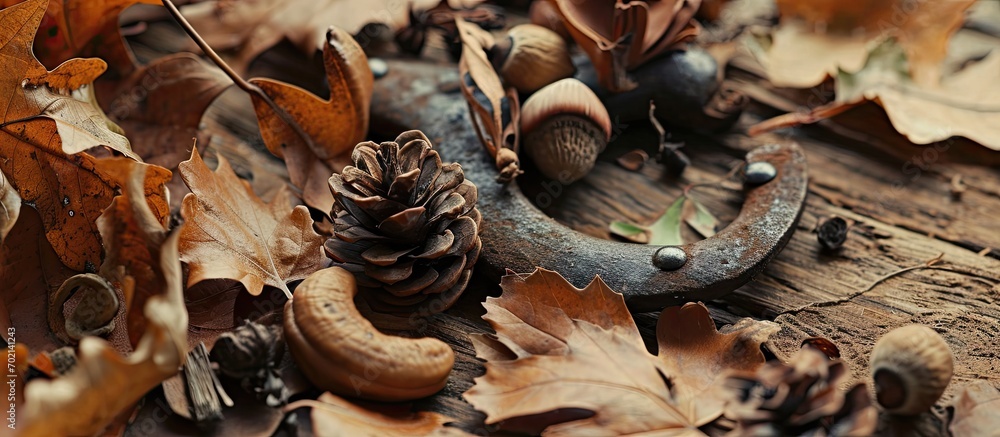 Poster Arrangement of rusty horseshoe acorns chestnuts faded leaves and pinecones Horizontal photo. with copy space image. Place for adding text or design