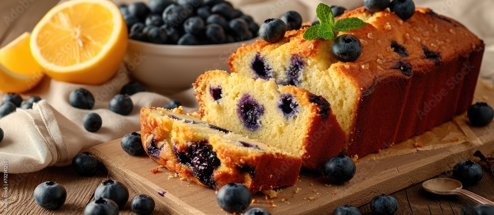 Aufkleber blueberry loaf pound cake with fresh blueberries. with copy space image. place for adding text or de