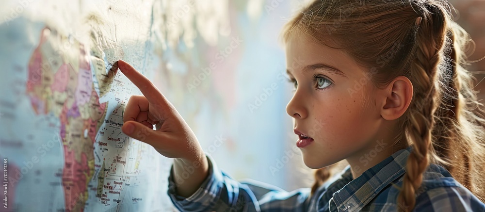Aufkleber elementary age schoolgirl at whiteboard answering to teacher in geography lesson. with copy space im