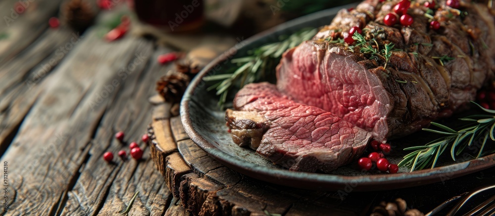 Aufkleber boneless beef roast on a serving platter sliced for a holiday dinner. with copy space image. place f