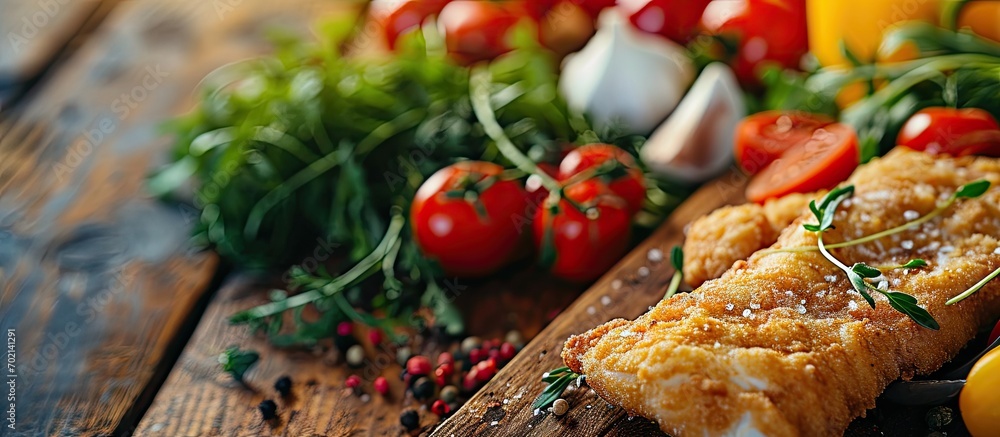 Poster Fish dish fried cod fillet with potatoes and vegetable salad on wooden table. with copy space image. Place for adding text or design