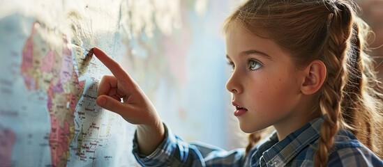 Elementary age schoolgirl at whiteboard answering to teacher in geography lesson. with copy space image. Place for adding text or design