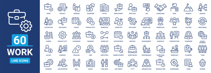 Work icon outline set. Containing job, working, employee, project, teamwork, employment, meeting, appointment and more. Vector line icons collection.