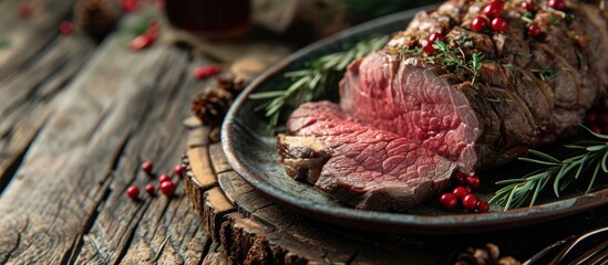 Boneless beef roast on a serving platter sliced for a holiday dinner. with copy space image. Place for adding text or design