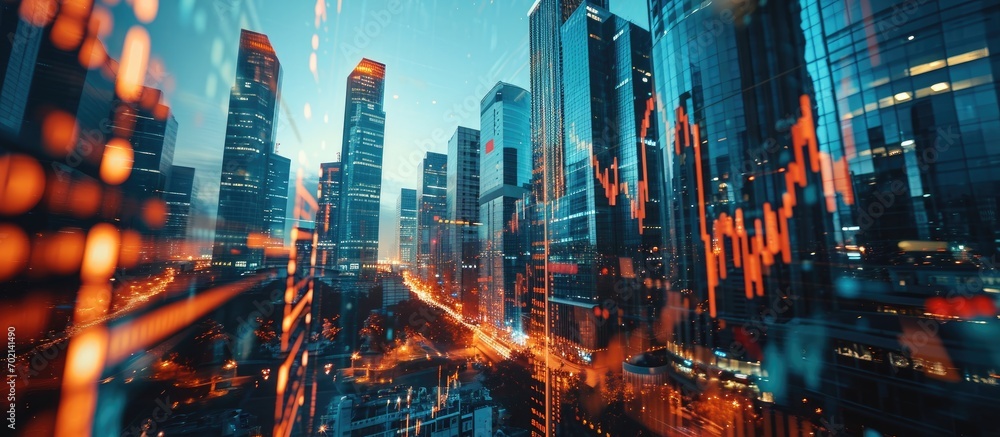 Leinwandbilder financial graphs and digital indicators overlap with modernistic urban area skyscrabber for stock ma