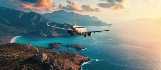 Airplane is flying over islands and sea at sunrise in summer Landscape with white passenger airplane seashore mountains sky and blue water White passenger aircraft Travel and resort Tourism - obrazy, fototapety, plakaty