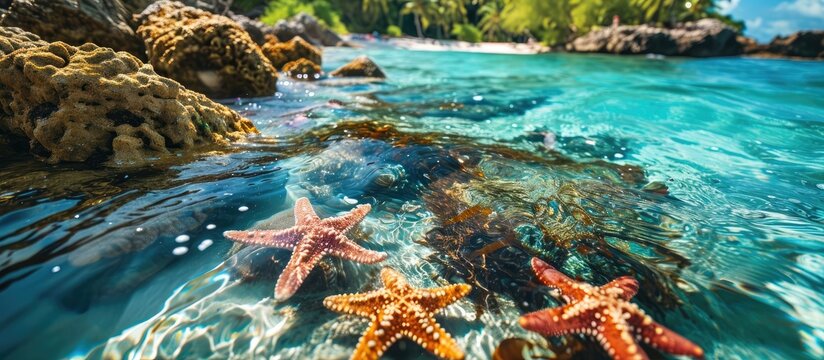 Coral reef with starfish and colorful tropical fish Caribbean sea. with copy space image. Place for adding text or design
