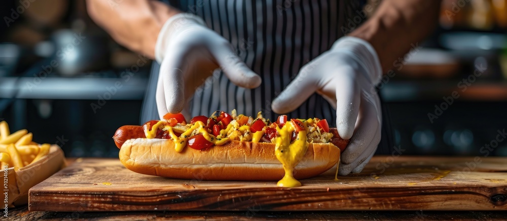 Aufkleber a guy in an apron and gloves sprinkles cheese on a hot dog hot dog cooking creating classic fast foo