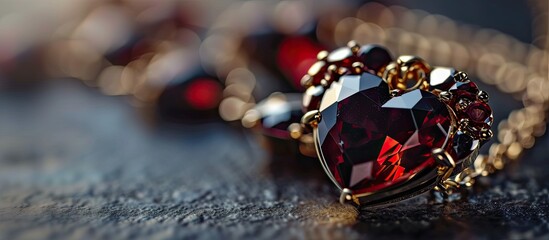 Gold necklace and heart shaped garnet gemstones. with copy space image. Place for adding text or design