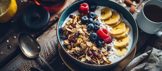 Athlete enjoying healthy meal rich in fiber protein and vitamins Fit young man sitting on floor in living room relaxing after fitness workout eating natural vegetarian granola listening to musi