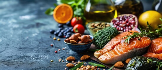Food sources of omega 3 on dark background with copy space top view Foods high in fatty acids including vegetables seafood nut and seeds Health food fitness. with copy space image - obrazy, fototapety, plakaty