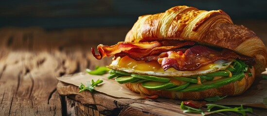 croissant sandwich breakfast with scrambled egg crispy bacon and mashed avocado. with copy space image. Place for adding text or design