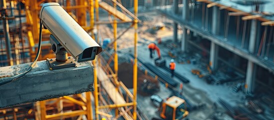 CCTV camera watching an excavator and workers working on a construction site. with copy space image. Place for adding text or design - obrazy, fototapety, plakaty