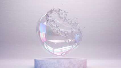 Shimmering bubble burst in 3D illustration, a dance of iridescent fragments. Slow Motion