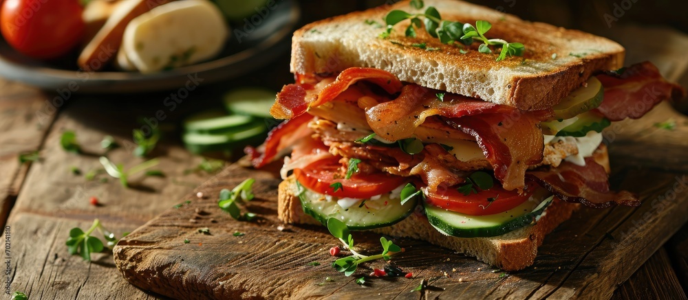 Leinwandbilder club sandwich with chicken breast bacon tomato cucumber and herbs. with copy space image. place for 