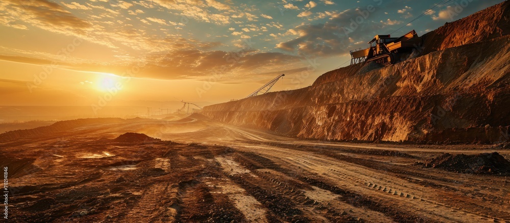 Poster beautiful shot of drag line working on mine at sunrise. with copy space image. Place for adding text or design
