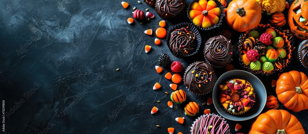 Aufkleber Halloween sweets for Halloween party on black background top view copy space. with copy space image. Place for adding text or design