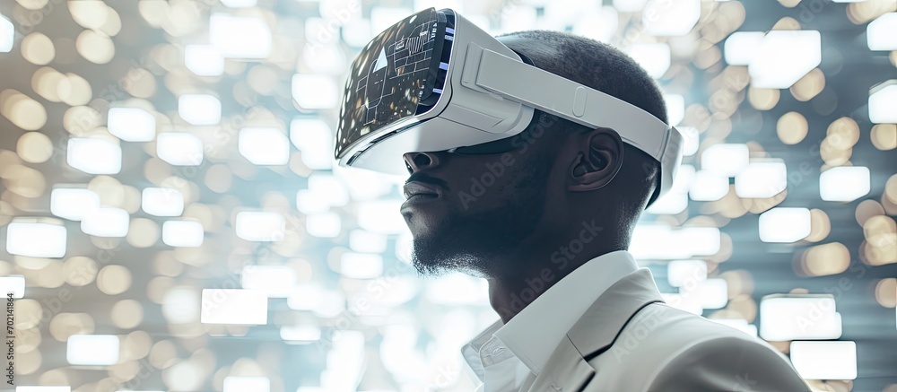 Poster African businessman in vr glasses digital hologram of information fields and blocks on white background Concept of metaverse and virtual reality. with copy space image