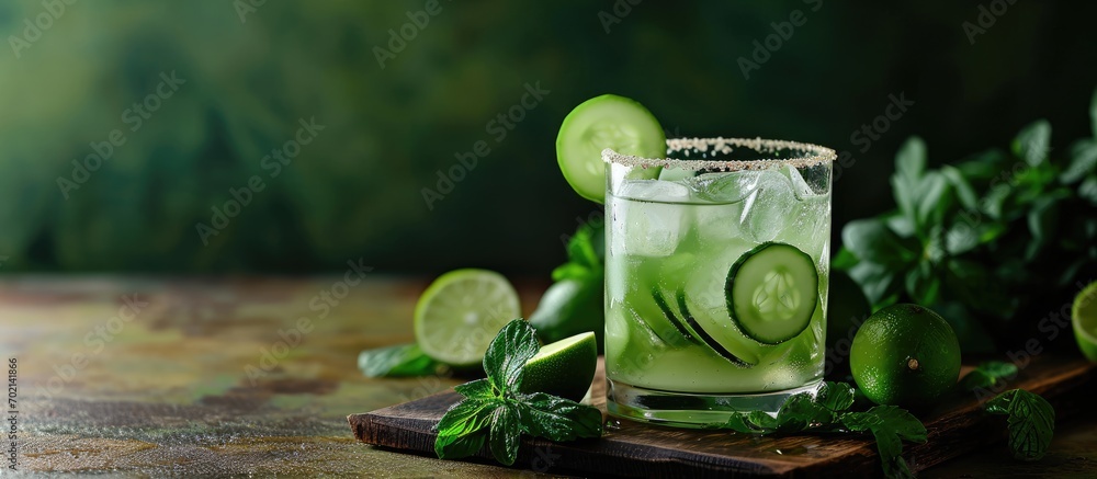 Leinwandbilder cucumber margarita with lime and spicy rim refreshing spring cocktail. with copy space image. place 
