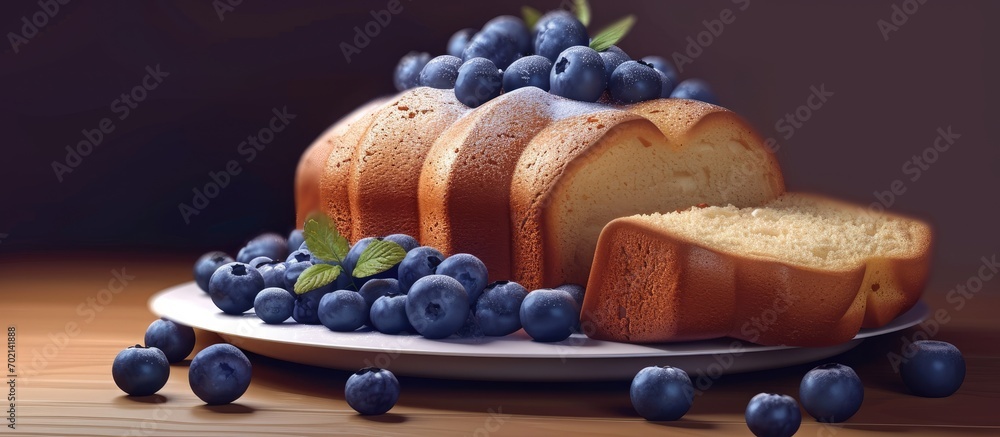 Poster blueberry loaf pound cake with fresh blueberries. with copy space image. place for adding text or de