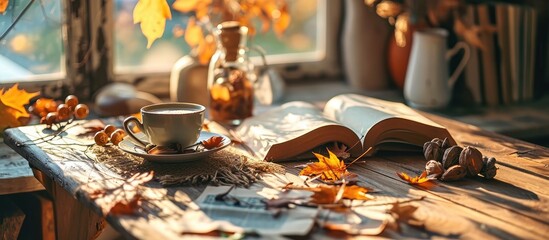 Fototapeta na wymiar Autumn composition a cup of hot coffee a decorative little house pumpkin candles books and a warm sweater on a wooden table Seasonal morning hot coffee Cozy interior decor. with copy space image