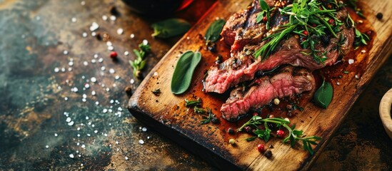A steak on a cutting board with herbs and spices. with copy space image. Place for adding text or design