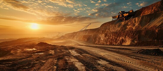 beautiful shot of drag line working on mine at sunrise. with copy space image. Place for adding text or design - obrazy, fototapety, plakaty