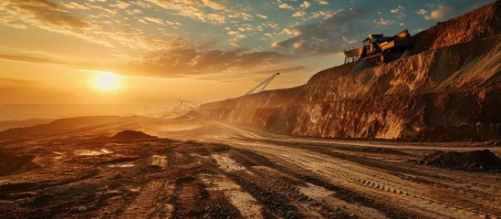 Poster beautiful shot of drag line working on mine at sunrise. with copy space image. Place for adding text or design © vxnaghiyev
